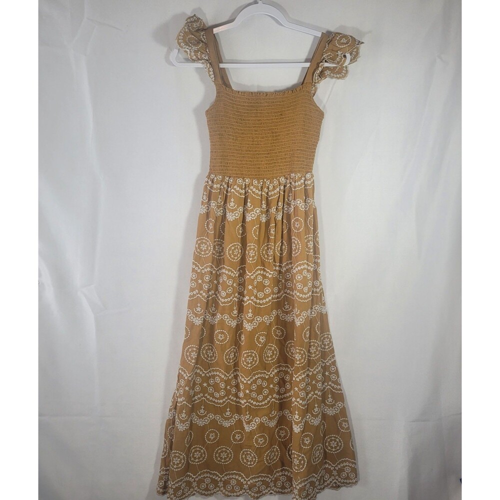 Rebellious One Boho Embroidered Cotton Smocked Maxi Dress Mustard Yellow Jr M